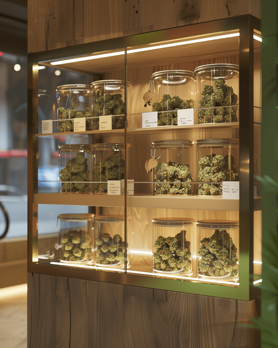 Escena de vitrina con sellos y orden en dispensario medicinal (imagen referencial)