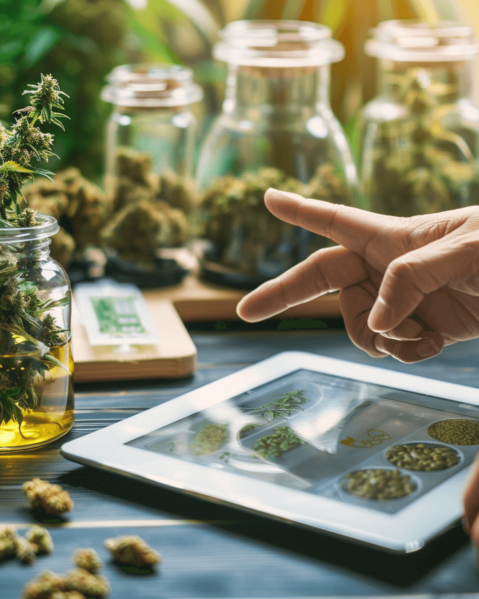 Detalle de material educativo y rotulación clara en dispensario medicinal