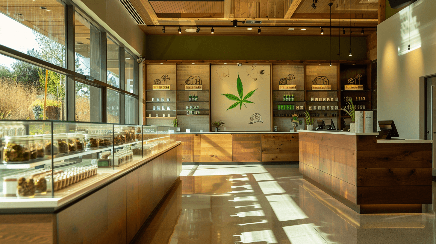 Interior de dispensario medicinal con ambiente ordenado y vitrinas sobrias